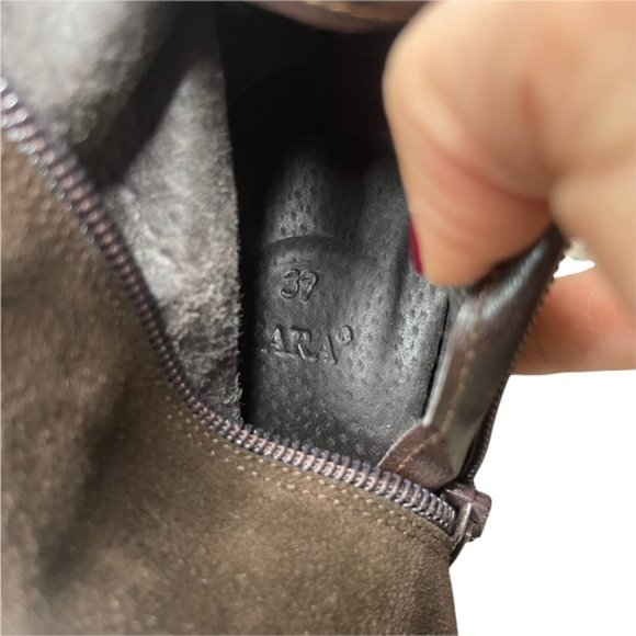 ZARA Brown Suede Leather Wedge Cuffed Knee High Boots Size 37 Made in Spain GUC - Picture 4 of 10